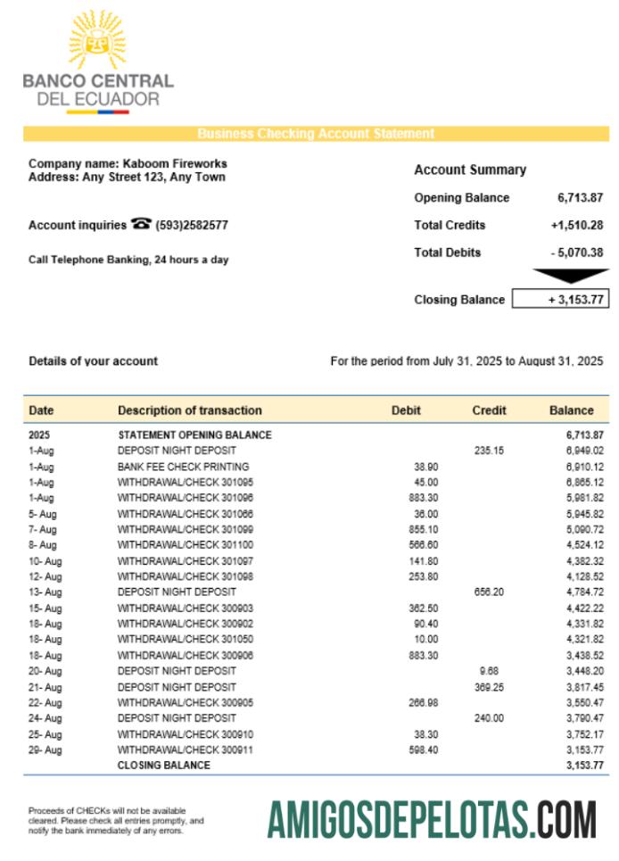 Banco Central da Organização Equatoriana Extrato de conta corrente em formato Word e PDF